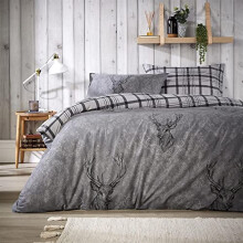 London Dream Highland Stag Duvet Quilt Covers Set with 1 Matching Pillowcase, Reversible Check Printed Stag Christmas Decorations Bedding (Single 137
