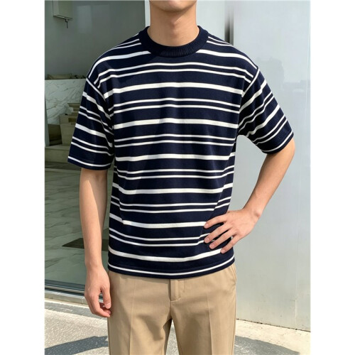 Men'S Short Sleeve Knit Stripe Shirt Crewneck Classic Regular Fit Basic Sweater Pullover Top Deep  M 2