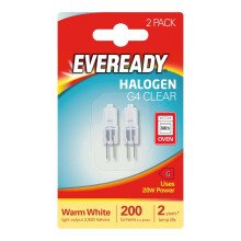 2 x Eveready G4 20W 12V Halogen Capsule Light Bulbs, Dimmable Lamps, 240 Lumen, 2000 Hours Life, Clear Finish