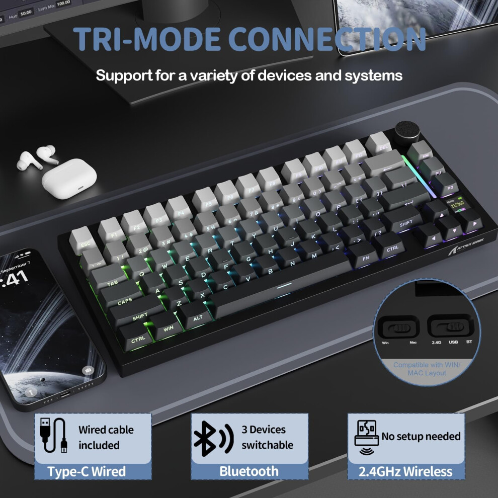 Attack Shark X820 Ultra Wireless Mechanical Keyboard With Tft Smart Display & Knob, 75% Hot Swappable Gaming Keyboard, Bt/2.4G/Wired, Rgb South Facin 5002273704888