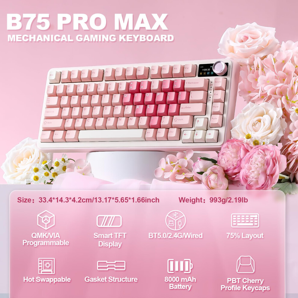 Yunzii B75 Pro Max Qmk/Via Wireless Mechanical Keyboard,75% Layout Whit Screen And Knob, Custom Hot Swap Gasket Structure, Creamy Pre-Lubed Switches, 5006014944892