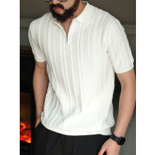 Camicia da Uomo A Maniche Corte In Maglia con Cerniera A un Quarto, A Coste, Casual, da Bianco XL