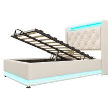 (White, 90x200cm) Lit simple rembourré,LED,télécommande,tête USB-C,rangement hydraulique,sans matelas