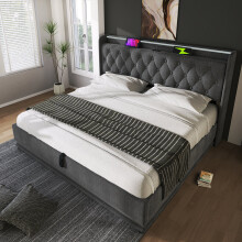 (Grey, 160x200cm) Lit simple rembourré,LED,télécommande,tête USB-C,rangement hydraulique,sans matelas
