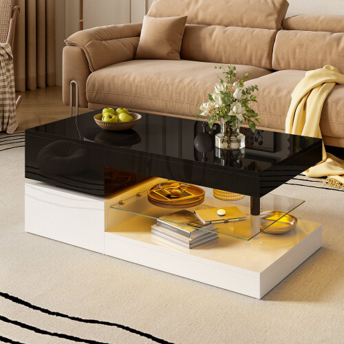 (Black,White) Table basse moderne,LED ambiante,contrôle app/Bluetooth,plateau en verre,finition laquée,salon 1