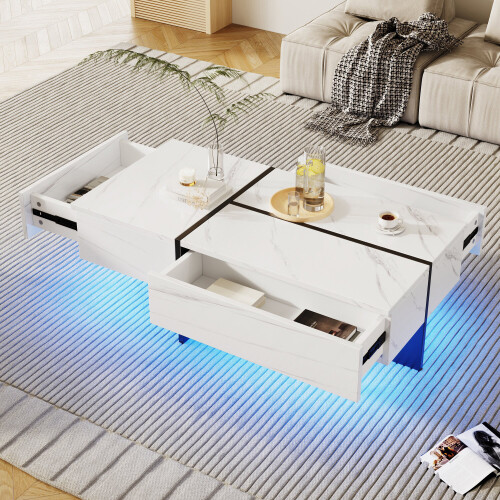 (White) Table basse laquée, imitation marbre,, salon, LED pilotée par app 1