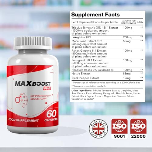 Max Boost Plus Testosterone Support Supplement with Tribulus, Arginine, Maca and Ginseng, 60 Capsules 1