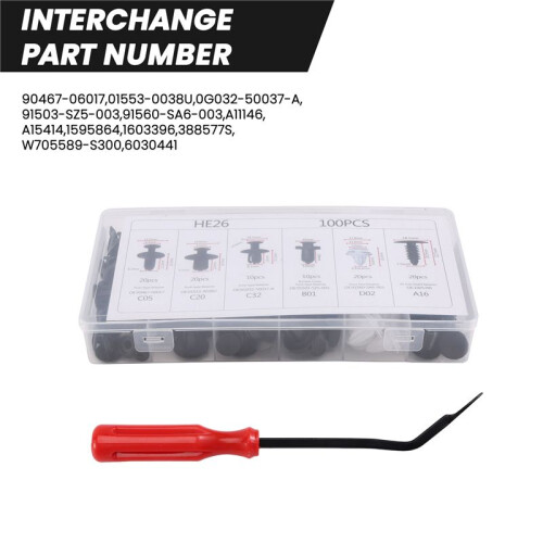 100Pc Plastic Rivets Fastener  Bumper Push Clips W / Removal Tool for 2