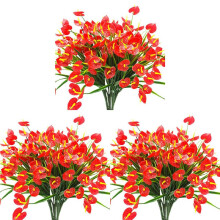 12 Bunches Artificial Fake Flowers Faux Anthurium Plants Plastic Shrubs Bushes Greenery Indoor Outside Hanging Planter