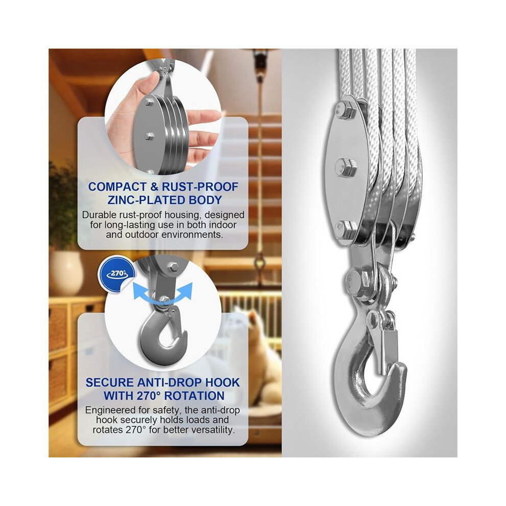 Block And Tackle Pulley System, 4-Wheel Rope Pulley Hoist,2200Lb Work Load With 65Ft Of 1/4 Inch Rope,Compact Rope White 6033701956639