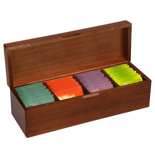 Wood Tea Bag Storage Box, 4-Compartment Organizer for Tea and More