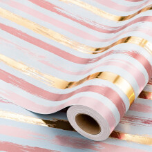Wikadlik Pink Wrapping Paper Roll, 43cm x 10m Gold Foil Stripe Elegant Thick Gift Wrap for Wedding, Bridal Shower, Valentine's Day, Mother’s Day