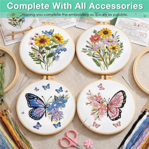 Embroidery Kit for Beginners: Complete Set with Patterns, Hoops, Scissors, and More