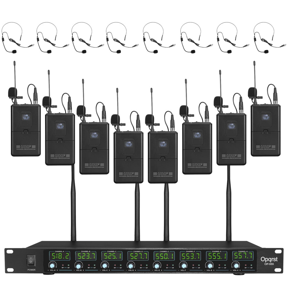 Opqrst Wireless Microphone System, 8 Channel 8 Bodypack Lapel Mics, Uhf 300Ft