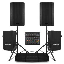VONYX VSA12BT Active 12" PA System Kit with VM-KG08 Mixer, Speaker Stands, Protective Covers & Cables - Bluetooth Streaming, 1600W Power for Live Ban