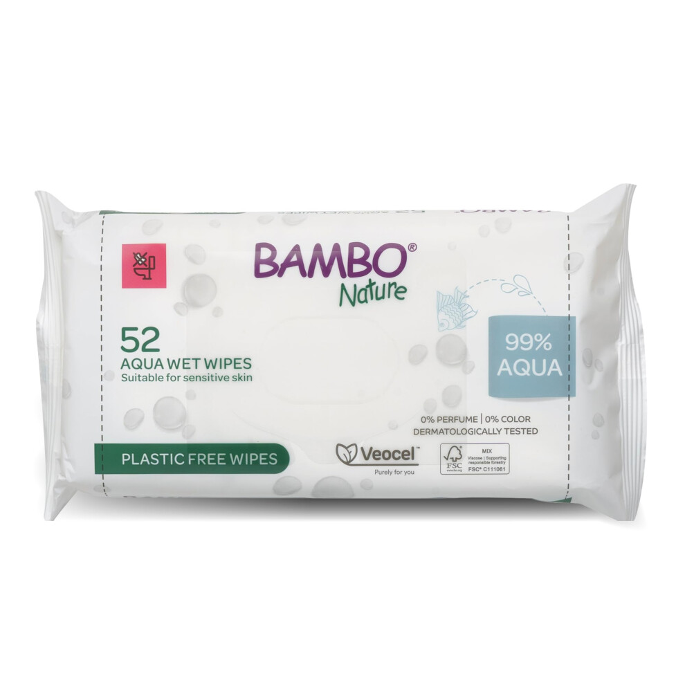 Bambo Nature Aqua Wet Wipes, 1 Pack (52 Wipes), 99% Water, Sensitive Skin Safe,