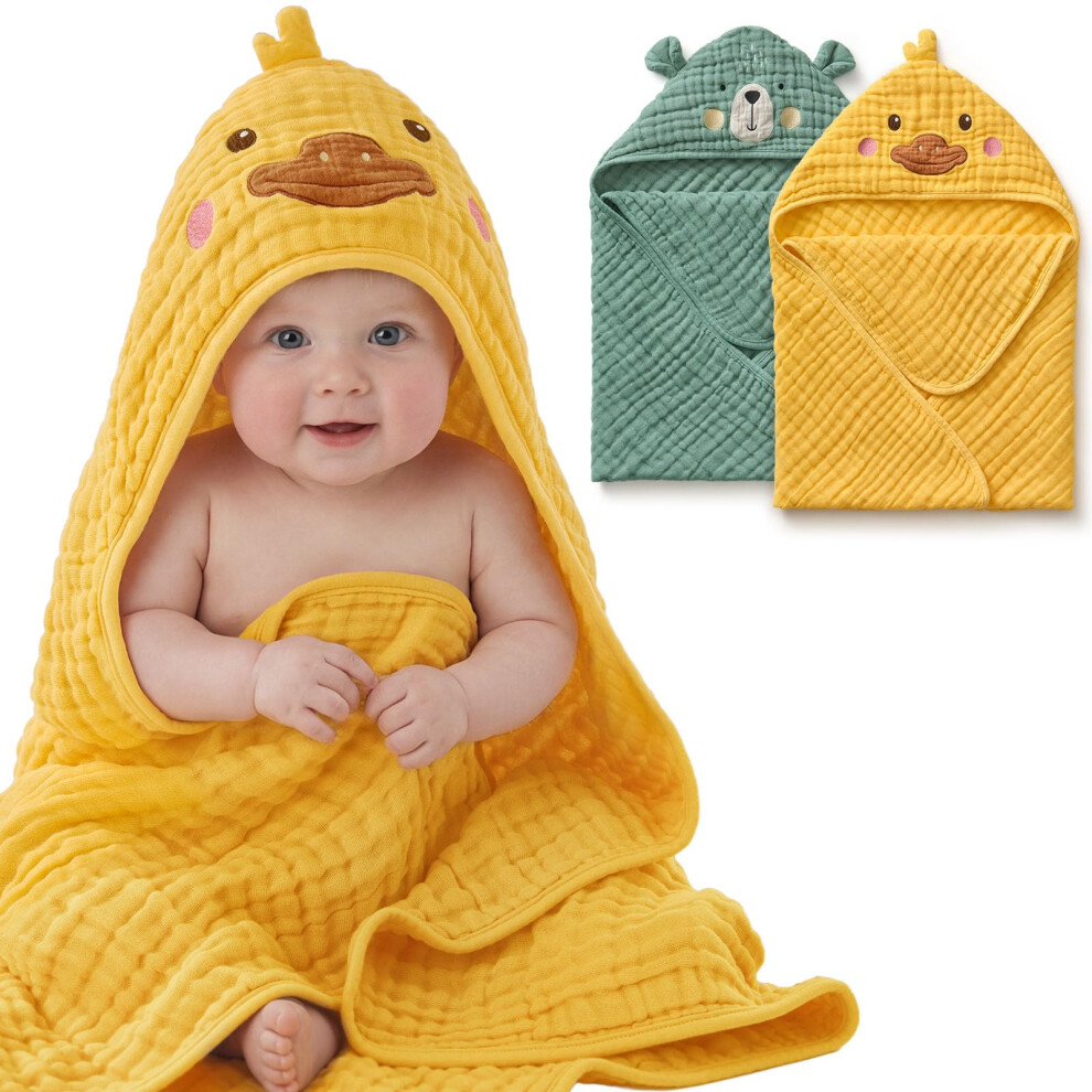 Blissful Diary Muslin Baby Hooded Towel 2 Pack, Soft & Absorbent Bath Towel For