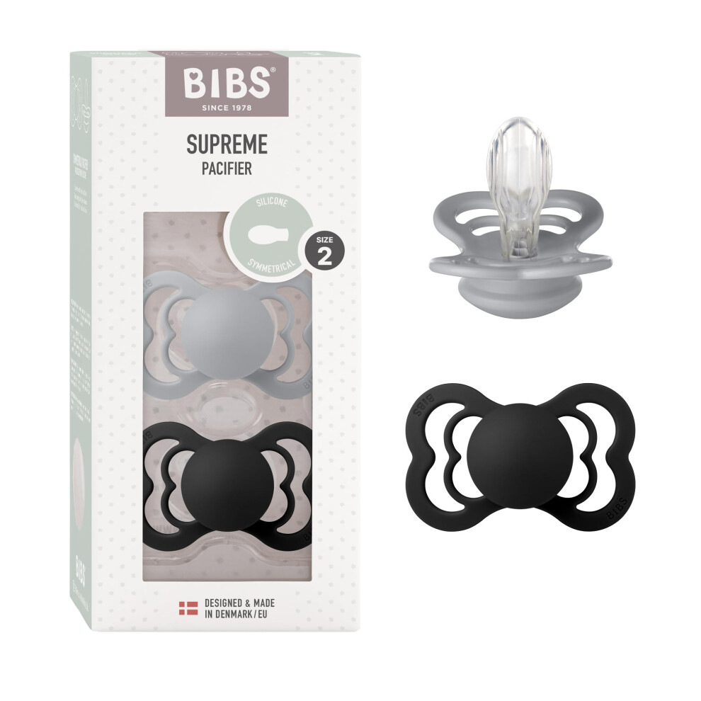 Bibs Supreme Dummy, 6-18 Months, 2-Pack, Symmetrical Teat, Cloud/Black | Silicone | Size 2 | Bpa-Free | Made In Denmark | High Teat Acceptance