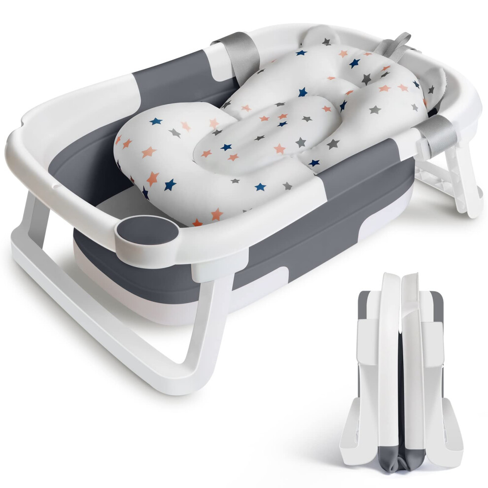 Glenmore Baby Bath Tub Foldable Bathtub, Collapsible Toddler Bath Tubs With Baths Support Cushion Pad Seat Mat, Anti-Slip Portable Travel Shower Bathing Basin