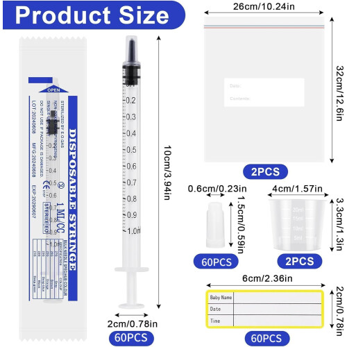 60 Pcs Colostrum Collection Kit 1ml Colostrum Syringes with Protective Cap 1