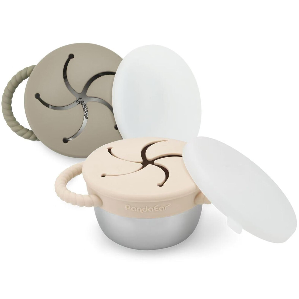 Pandaear Stainless Steel Snack Cups With Silicone Lids, Toddler Snack Cups Spill Proof Food Catcher For Toddler Baby, Pack Of 2 (Beige & Sage)