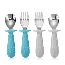 PandaEar 4 Set Baby Toddler Silicone Stainless Steel Utensils Silverware Spoon Fork for Baby Toddler BPA Free with Silicone Holding Anti-Choke Design