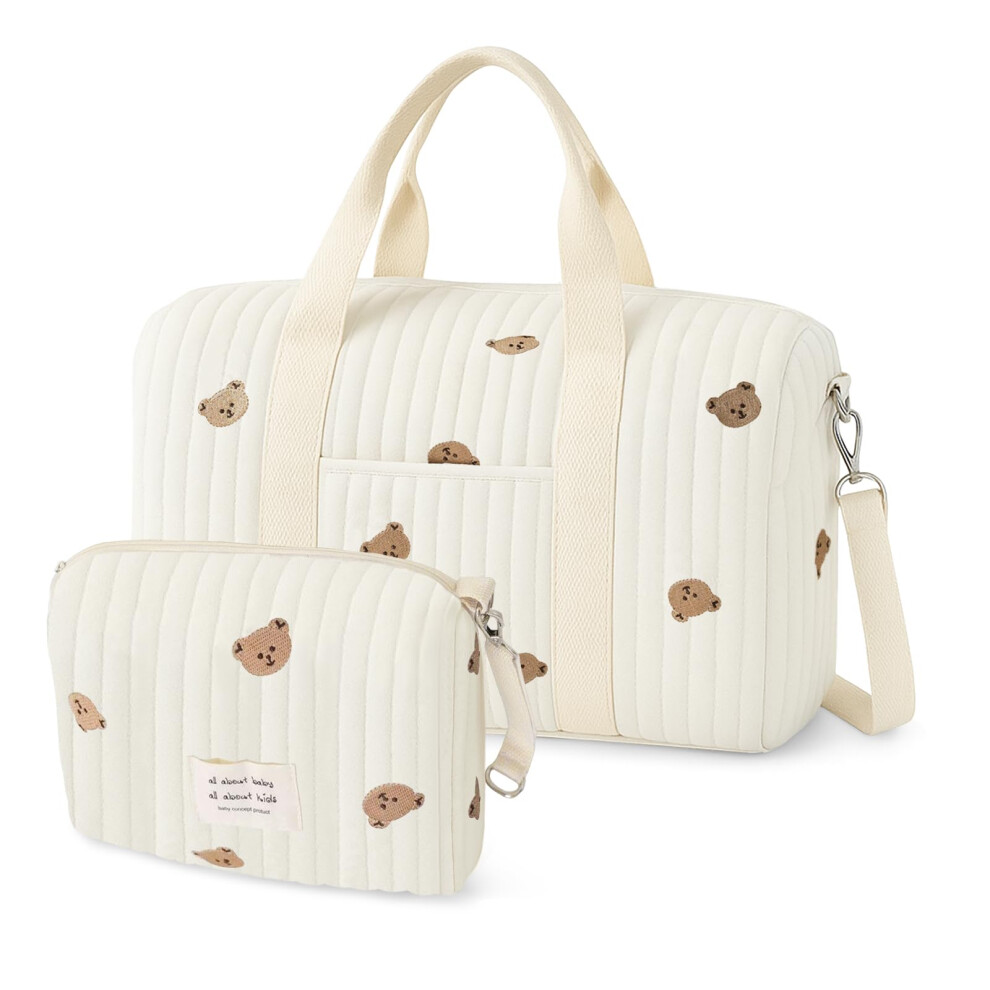 Pindaito 2-Piece Baby Changing Bag Set, Large Hospital Maternity Bag, Cotton Nappy Bag For Mum, Embroidered Pram Bag With Multiple Pockets, Travel Ov