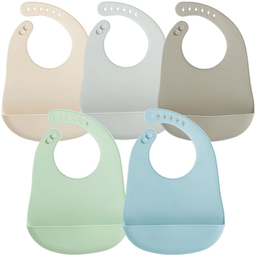 Pandaear 5 Pack Silicone Bibs For Babies & Toddlers, Waterproof Toddler Bibs 6-12-18 Months For Weaning, Adjustable Baby Feeding Bib With Large Pocke