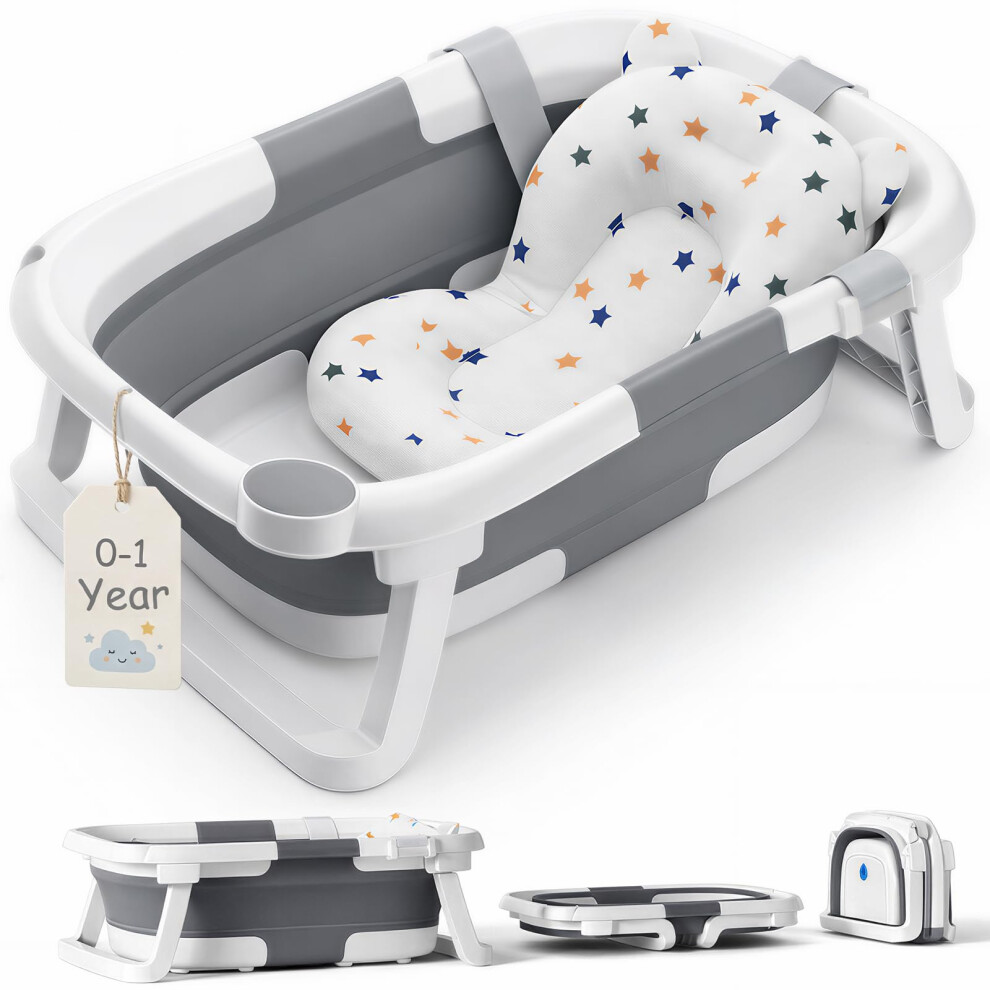 Deanic Baby Bath Tub For 0-6-12 Months Newborn, Foldable Toddler Bath With Soft Cushion Pad, Portable Baby Bathtub Travel Save Space (Grey)