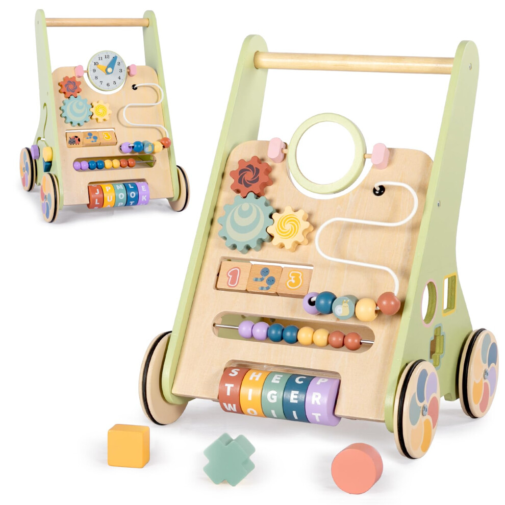 Wooden Baby Walker For 10 Months+, Push Along Walker Toy For 1 Year Old Boys Girls Gifts, 10-In-1 Baby Activity Centre With Shapes & Beads Gam Bautia