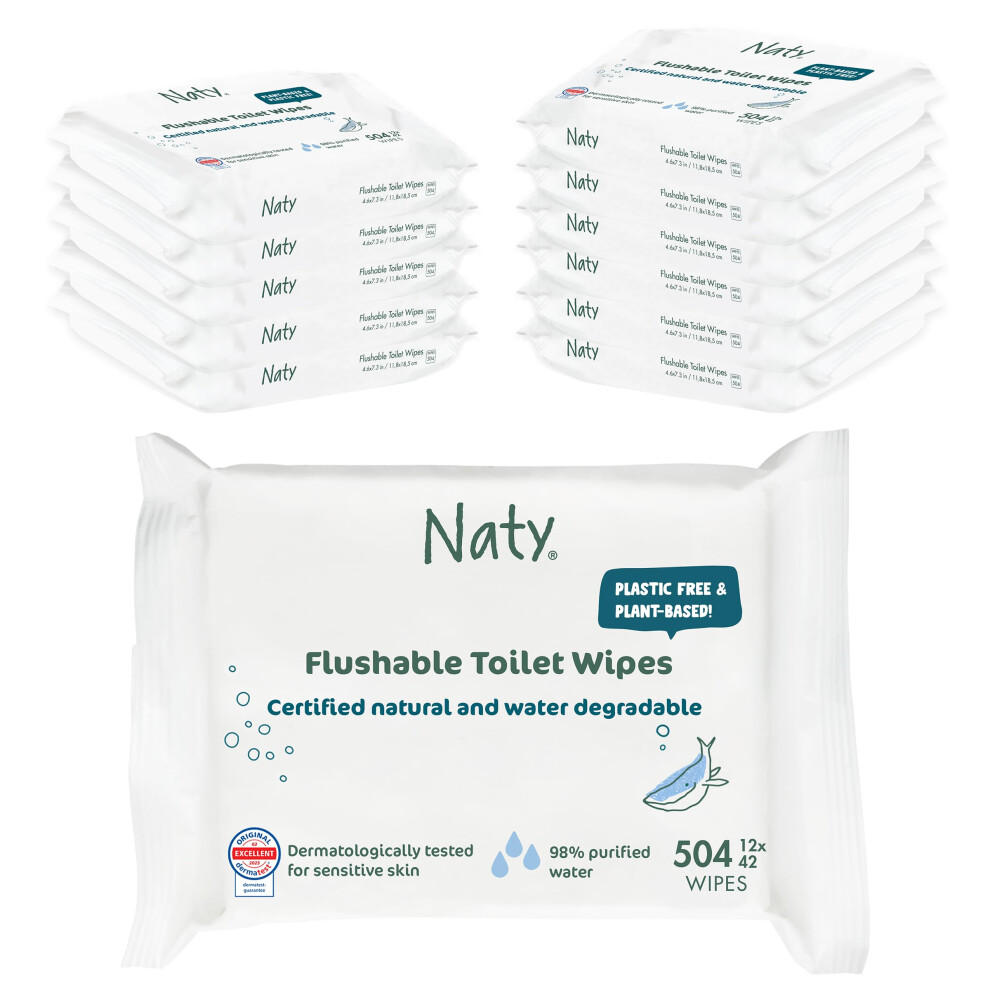 Naty Flushable Baby Wipes | 98% Water, Hypoallergenic & Natural For Sensitive Skin | Unscented, Plant-Based, Fragrance-Free | Newborn & Toddler Gentl