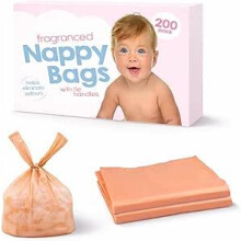 Fragranced Nappy Bags with Tie Handles, Orange Coloured, 200 Count, Durable and Leak-proof, Lightweight Disposable Bags for Baby Travel