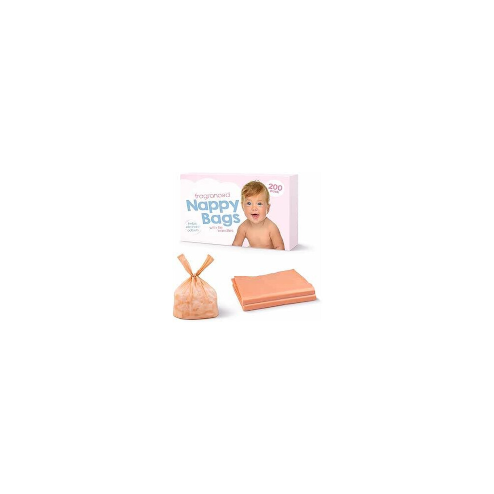 Fragranced Nappy Bags with Tie Handles, Orange Coloured, 200 Count, Durable and Leak-proof, Lightweight Disposable Bags for Baby Travel