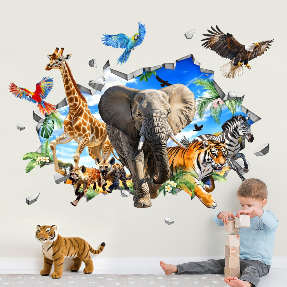 Supzone 3D Safari Animals Wall Stickers Jungle Elphant Giraffe Tiger Leopard Zeb