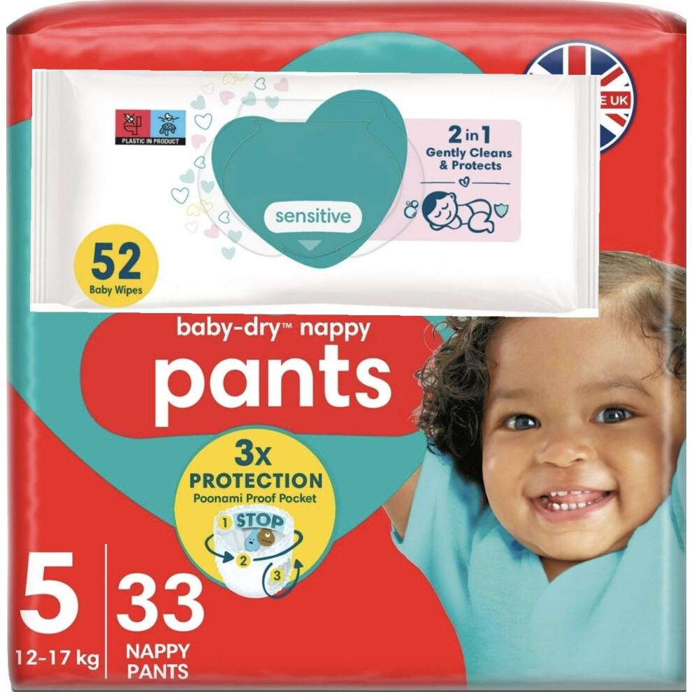 Cc1st Customers Come 1St Baby-Dry Nappy Pants Bundle Consists Of Size 5 Nappies (12-17Kg) With Baby Wipes Pack Of 52 - All-Day Comfort & Gentle Skin Care
