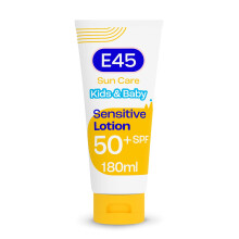 E45 Kids & Baby Sun Lotion for Sensitive Skin SPF 50+. Face & Body Gentle Sun Cream with UVA & UVB Protection with Avocado Oil. For Dry Sensitive Ski