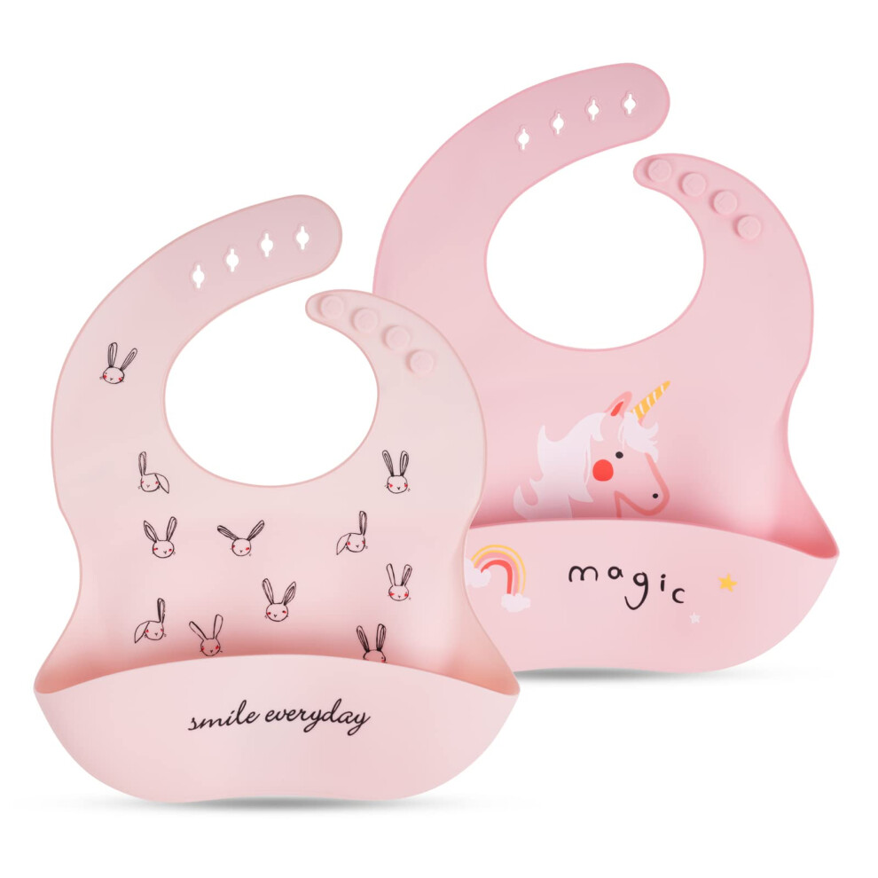 Silicone Baby Bib, Baby Weaning Bibs, Waterproof Baby Feeding Bibs Adjustable With Wide Food Catcher Pocket Unisex Toddler Bibs Vicloon