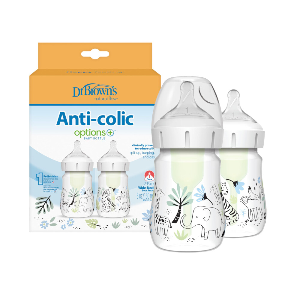 Dr. Brown's Anti-Colic Options+ Wide-Neck Baby Bottle, 5Oz/150Ml, 2-Pack - Jungle Design