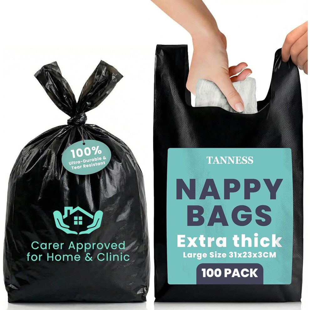 Tanness Adult Nappy Bags – 100 Pack, Extra-Thick Disposable Sacks With Tie Handles, Odour-Free And Discreet Black Sanitary Disposal Bags