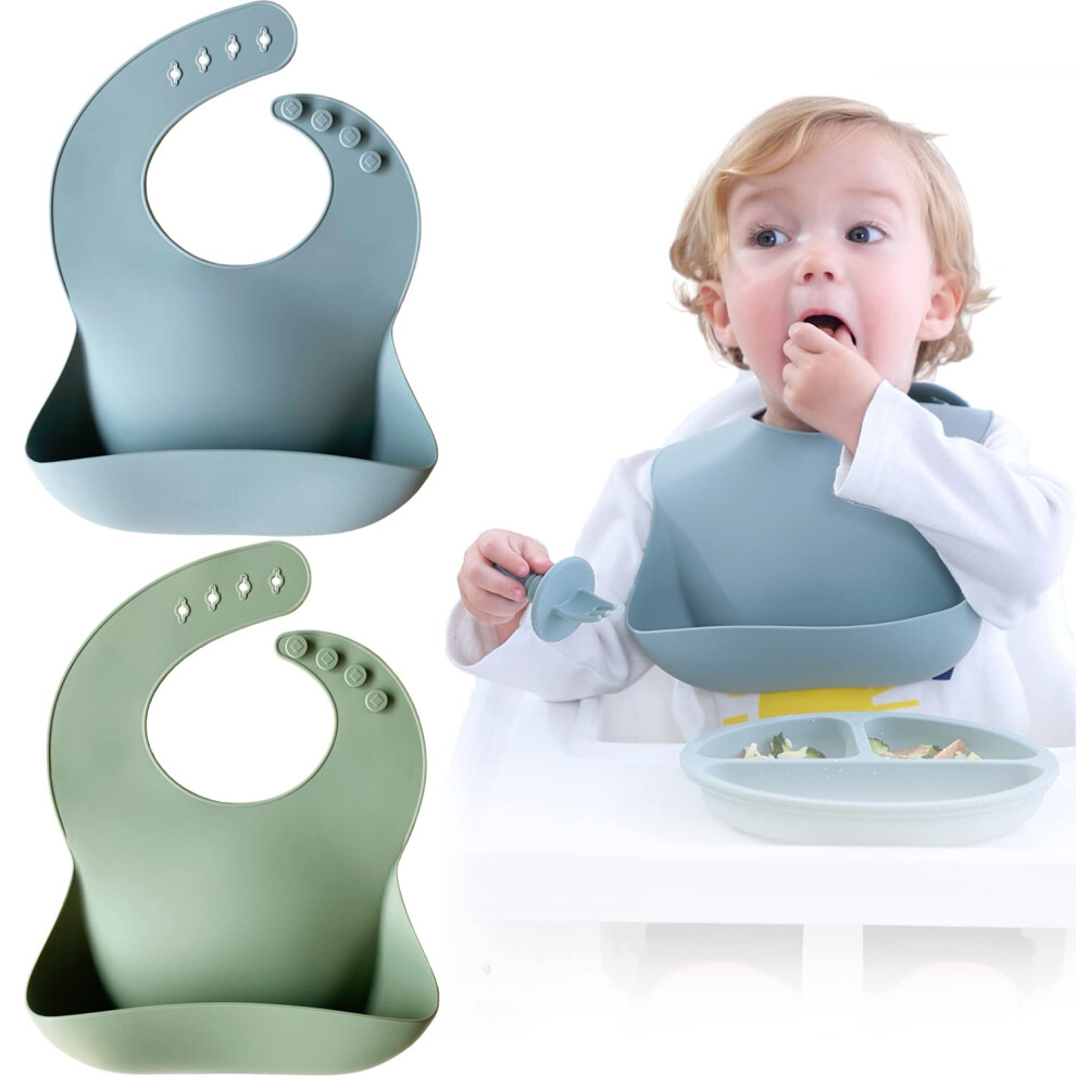 Baby Bibs, 2Pcs Silicone Feeding Bibs For Babies And Toddlers, Waterproof Weaning Bib, Bpa Free Soft Adjustable Wide Food Crumb Catcher Pocke Moonkie