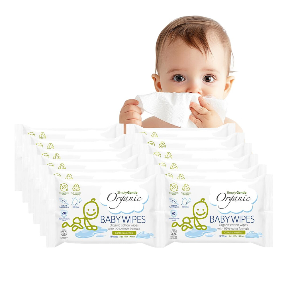Simply Gentle Organic Baby Wet Wipes For Sensitive Skin, 99% Water, Fragrance An