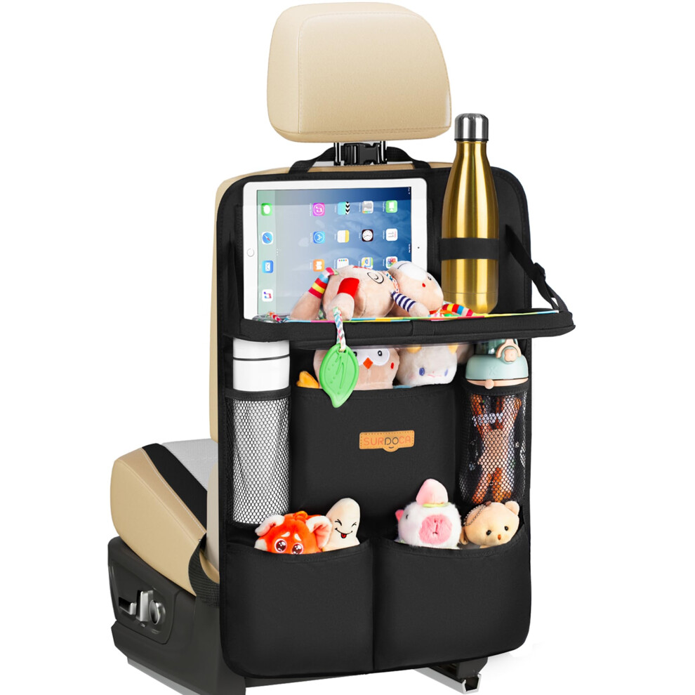 Car Seat Organiser Kids With Foldable Tray – Seat Storage With Touchable Tablet Pocket, Roadtrip Essentials – Fits Most Vehicles Surdoca