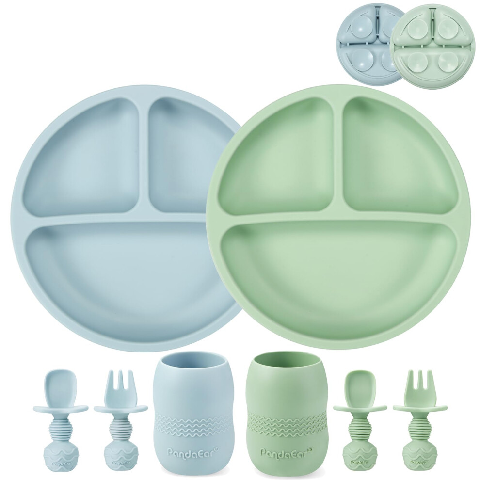 Pandaear Silicone Baby Led Weaning Set| 2 Pack Divided Suction Plates And 2 Pack Tiny Sippy Cup With 2 Spoons 2 Forks| Silicone Baby Feeding Set| Bab