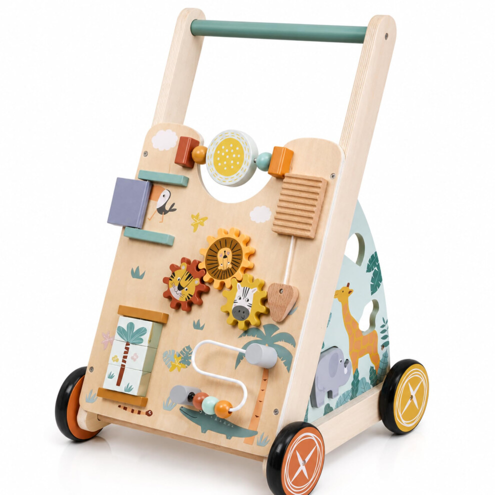 Jumini Wooden Baby Walker, Safari Push Along Activity Walker For Toddlers 18 Months Up, First Steps Learning Walker With Bead Maze, Shape Sorter And