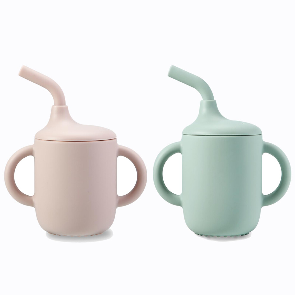 Pandaear 2 Pack Silicone Sippy Cups For Toddlers With Straw & Handles| Non Spill Baby Cups From 6 Months| Weaning Cup Toddler Drinking Cup Baby First
