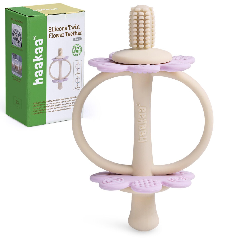Haakaa Silicone Baby Teether Toy, Flower Chew Toy For Teething Relief & Sore Gums, Easy-Grip Design With 360 Gum Massage Brush, Bpa Free, 3M+, Laven