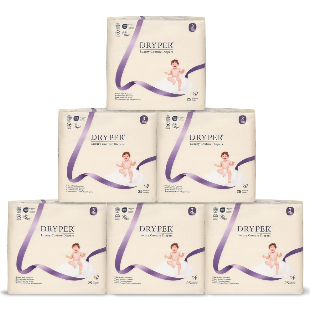 Dryper Baby Nappies Size 3 (6-11Kg), 150 Count, Ultra-Thin Soft Hypoallergenic Nappies For Sensitive Skin, 3D Leak Guards, Wetness Indicator, Day & N