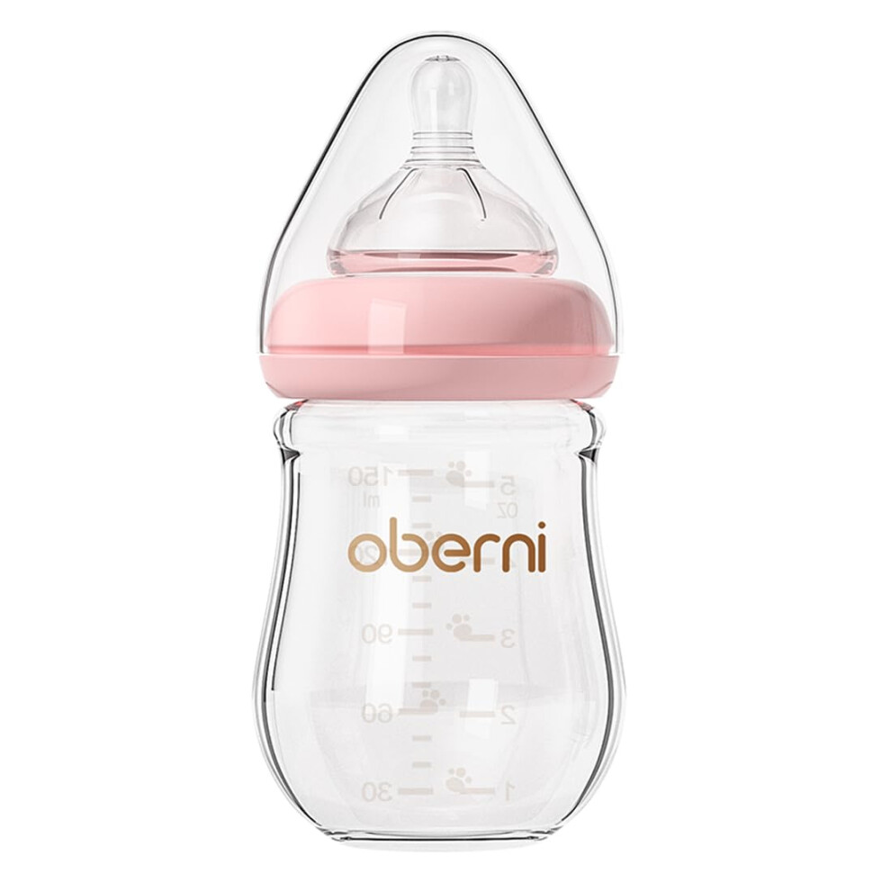 Oberni Anti-Colic Glass Baby Bottles With Slow Flow Breast-Like Silicone Teat, 150Ml, 0+ Months, Wide-Neck, Pink/1Pack