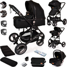 Baby Stroller 3 in 1 Pram Pushchair Buggy Child Lightweight Folding Stroller 3 in 1 Travel System Pram for Newborns Toddlers from Birth Aluminium (Bl