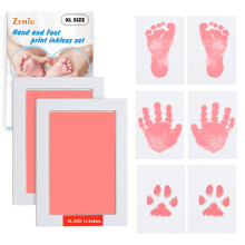 Zemiu XL Size Baby Handprint and Footprint Kit - Pink Ink Pads With Clean-Touch & 6 Imprint Cards - Inkless Non-Toxic Print Kit for Feet and Hands -